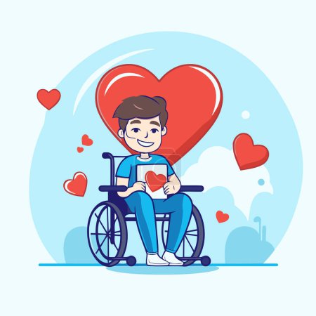 Téléchargez les illustrations : Illustration vectorielle d'un homme en fauteuil roulant avec un cœur rouge. - en licence libre de droit