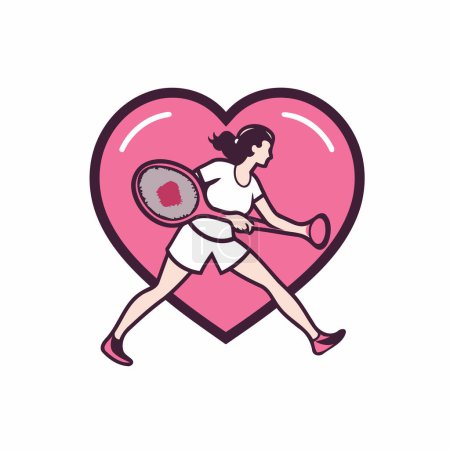 Téléchargez les illustrations : Joueuse de tennis fille avec raquette en forme de coeur. Illustration vectorielle. - en licence libre de droit
