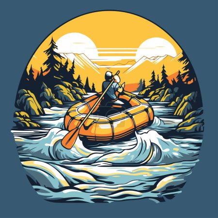 Ilustración de Hombre en un kayak en el río al atardecer. Ilustración vectorial - Imagen libre de derechos
