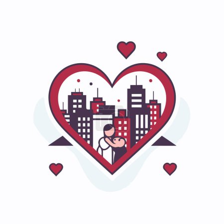 Illustration for Vector illustration in flat linear design style with cityscape in heart shape. - Royalty Free Image
