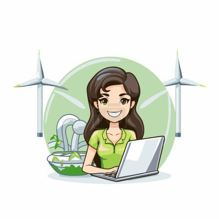 Téléchargez les illustrations : Femme avec ordinateur portable et éoliennes. Illustration vectorielle dans le style dessin animé. - en licence libre de droit