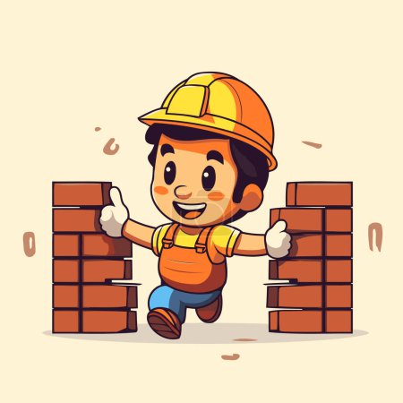 Téléchargez les illustrations : Dessin animé garçon ouvrier de la construction avec des briques. Illustration vectorielle en style plat - en licence libre de droit