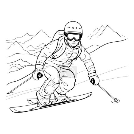Téléchargez les illustrations : Snowboarder en action. croquis graphiques vectoriels monochromes - en licence libre de droit