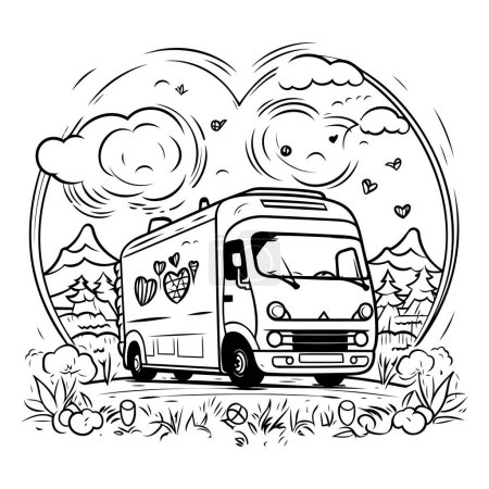 Illustration for Vector illustration of a camper van with hearts in the background. - Royalty Free Image