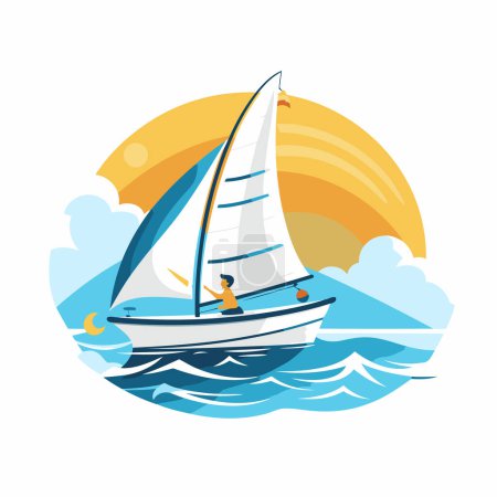 Illustration for Sailing boat on the sea. Vector illustration in flat style. - Royalty Free Image
