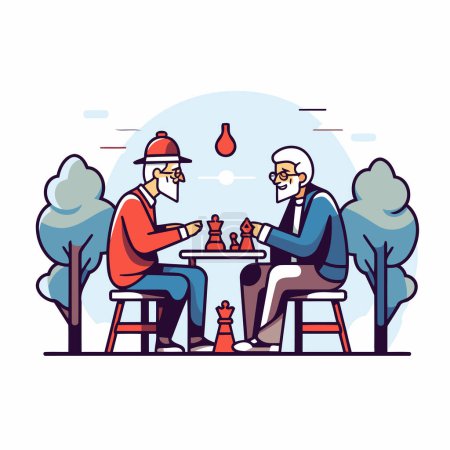 Personas mayores jugando al ajedrez en el parque. El abuelo y el abuelo pasan tiempo juntos. Ilustración vectorial