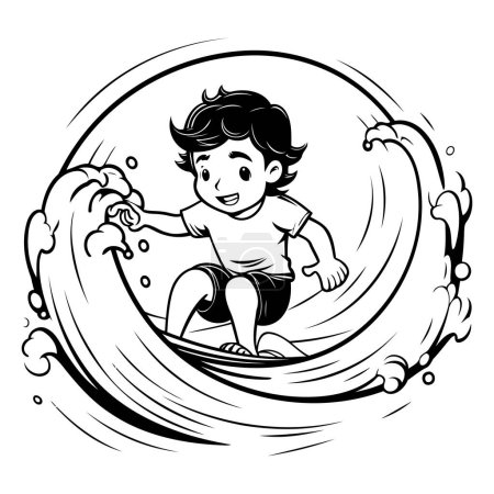 Illustration for Vector illustration of a boy on a surfboard in a circle. - Royalty Free Image