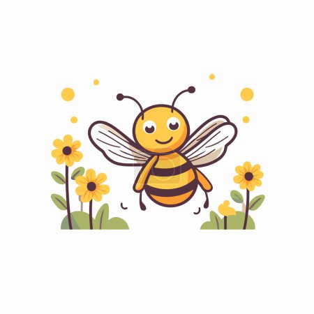 Illustration for Cute cartoon bee with flowers on white background. Vector illustration. - Royalty Free Image
