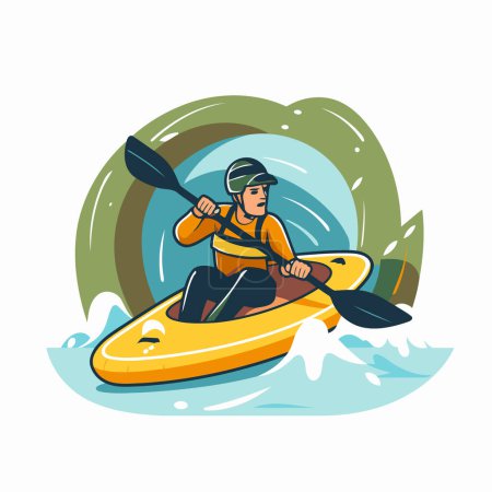 Illustration for Kayaking man in kayak. Vector illustration in flat style. - Royalty Free Image