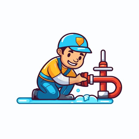 Illustration for Plumber with water pipe. Vector illustration in a flat style. - Royalty Free Image