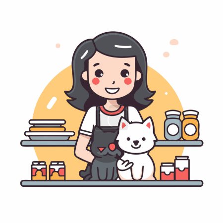 Ilustración de Linda chica con gato y comida en la cocina. ilustración vectorial. - Imagen libre de derechos