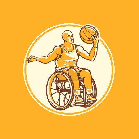 Illustration for Disabled man in a wheelchair playing basketball vector illustration. Handicapped man in wheelchair with ball. - Royalty Free Image