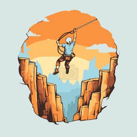 Illustration for Vector illustration of a man jumping over a gap in the cliff. - Royalty Free Image