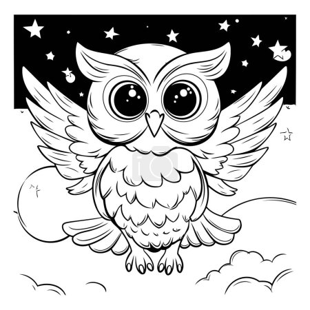 Téléchargez les illustrations : Livre à colorier pour enfants : hibou sur le fond de la lune - en licence libre de droit