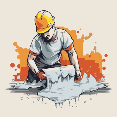 Illustration for Vector illustration of a young man worker in a hard hat with a trowel and a bucket. - Royalty Free Image