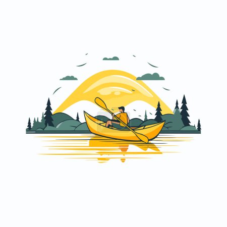 Illustration for Man kayaking on the lake. Vector illustration in flat style. - Royalty Free Image