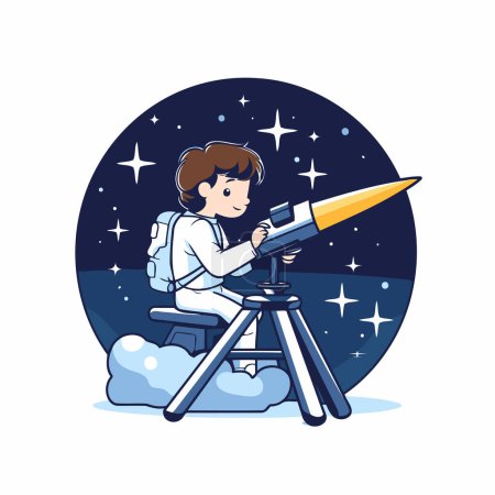 Ilustración de Astronauta mirando a través del telescopio. Ilustración vectorial en estilo de dibujos animados. - Imagen libre de derechos