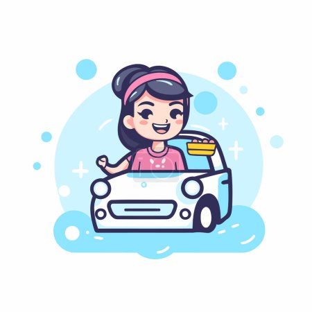 Téléchargez les illustrations : Jolie petite fille conduisant une voiture avec de la nourriture à la main. Illustration vectorielle. - en licence libre de droit