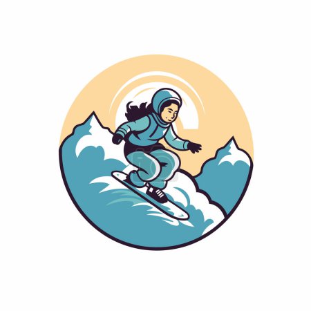 Téléchargez les illustrations : Icône Snowboarder. Illustration vectorielle d'un snowboardeur sautant sur un snowboard - en licence libre de droit