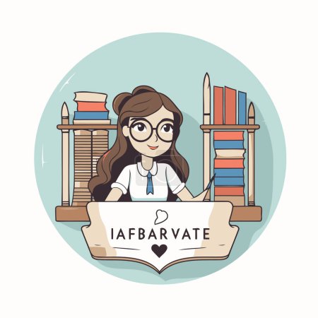 Téléchargez les illustrations : Illustration vectorielle d'une fille avec des lunettes dans une bibliothèque. Concept d'éducation. - en licence libre de droit