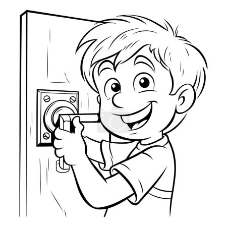 Illustration for Black and White Cartoon Illustration of Kid Boy Repairing Door or Door Handle for Coloring Book - Royalty Free Image