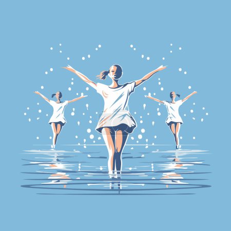 Téléchargez les illustrations : Belles jeunes femmes dansant dans l'eau. Illustration vectorielle sur fond bleu. - en licence libre de droit