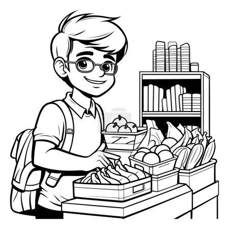 Illustration for Teenager boy shopping at the supermarket. Black and white illustration. - Royalty Free Image