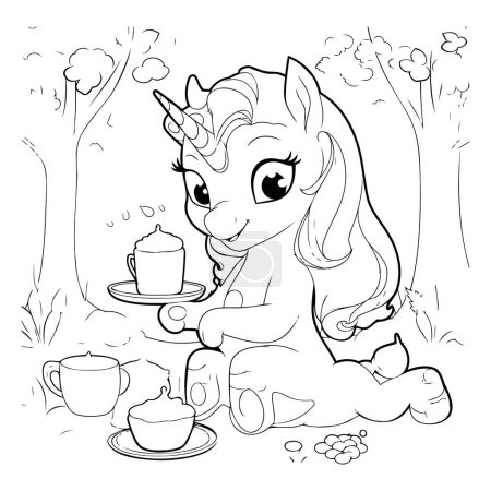 Ilustración de Unicornio con taza de té. Ilustración vectorial para colorear libro - Imagen libre de derechos