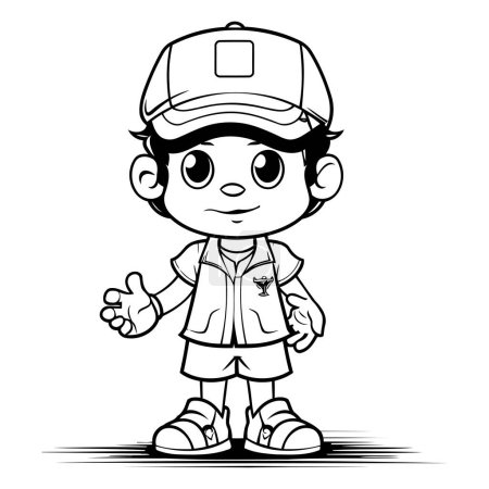 Téléchargez les illustrations : Dessin animé noir et blanc illustrant un enfant portant un bonnet ou une casquette - en licence libre de droit