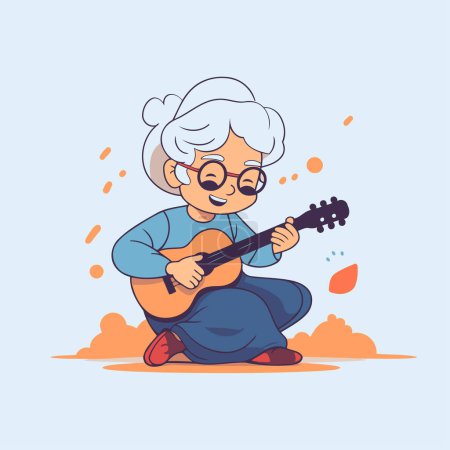 Illustration for Elderly woman playing guitar. Vector illustration in cartoon style. - Royalty Free Image