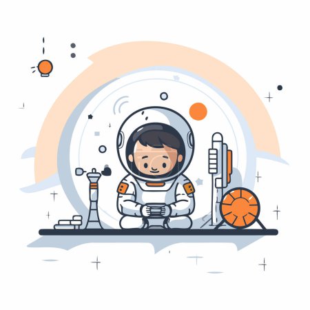 Ilustración de Lindo niño en traje de astronauta sentado en la luna. Ilustración vectorial - Imagen libre de derechos