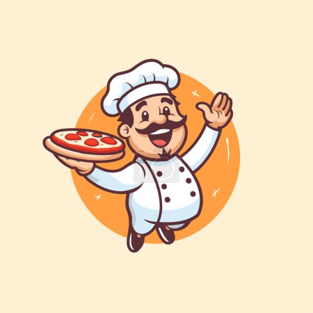 Téléchargez les illustrations : Chef tenant illustration vectorielle pizza. Caractère de bande dessinée dans le style plat. - en licence libre de droit
