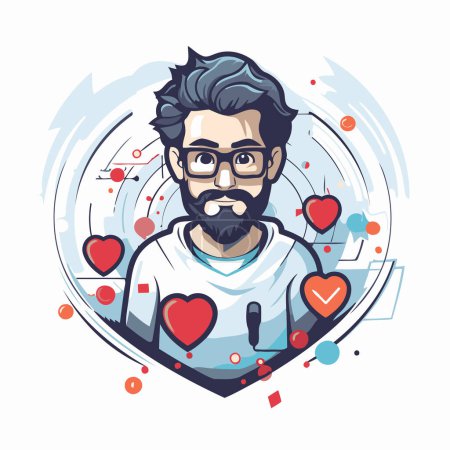 Illustration for Hipster man with beard and mustache in heart shape vector illustration. - Royalty Free Image
