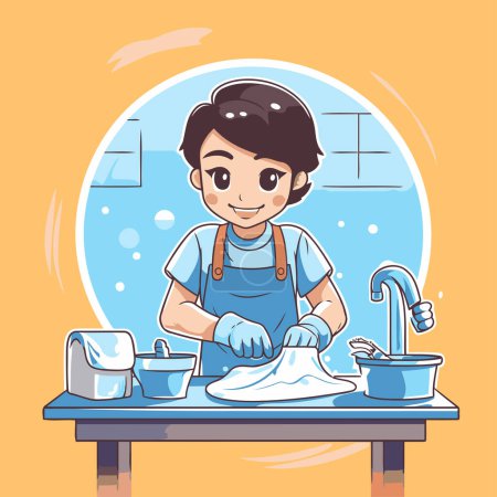 Illustration for Vector illustration of a girl washing dishes. Cute cartoon style. - Royalty Free Image
