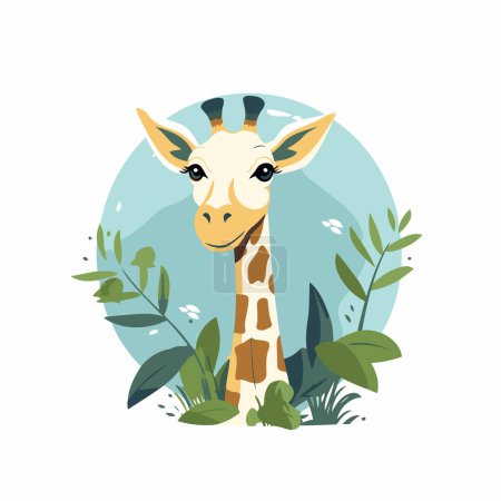 Téléchargez les illustrations : Illustration vectorielle de girafe. Mignon dessin animé girafe avec des feuilles vertes. Illustration vectorielle. - en licence libre de droit