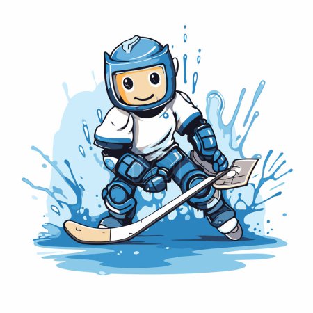 Téléchargez les illustrations : Joueur de hockey sur glace dessin animé avec un bâton et une rondelle. Illustration vectorielle. - en licence libre de droit