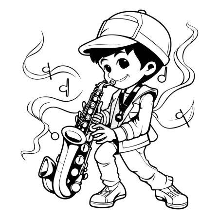 Illustration for Boy with saxophone - black and white vector illustration for coloring book - Royalty Free Image