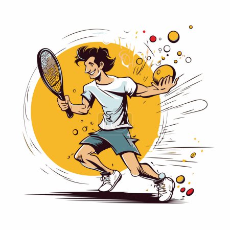 Téléchargez les illustrations : Joueur de tennis avec raquette et balle. Illustration vectorielle dans le style dessin animé - en licence libre de droit