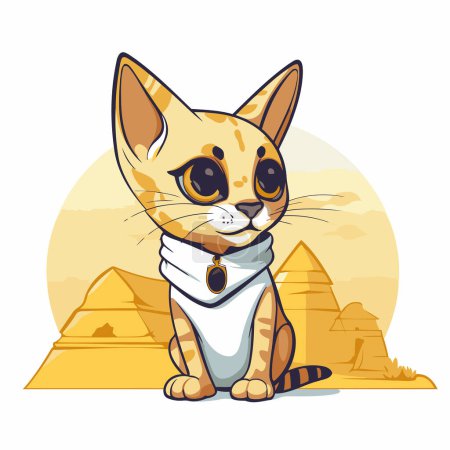 Téléchargez les illustrations : Chat dessin animé mignon sur le fond des pyramides égyptiennes. - en licence libre de droit