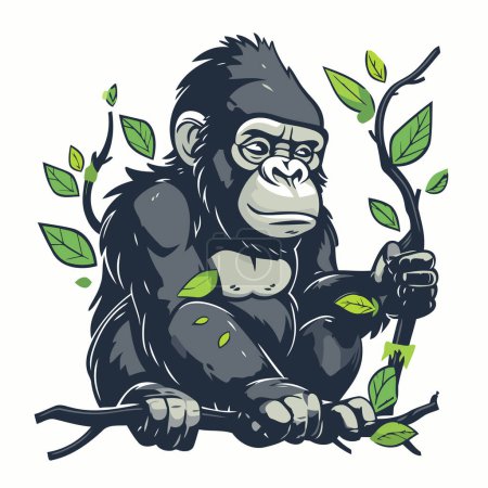 Illustration for Gorilla sitting on a branch with green leaves. Vector illustration - Royalty Free Image