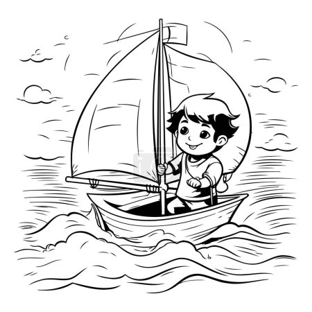 Téléchargez les illustrations : Garçon naviguant sur un voilier. illustration vectorielle noir et blanc. - en licence libre de droit
