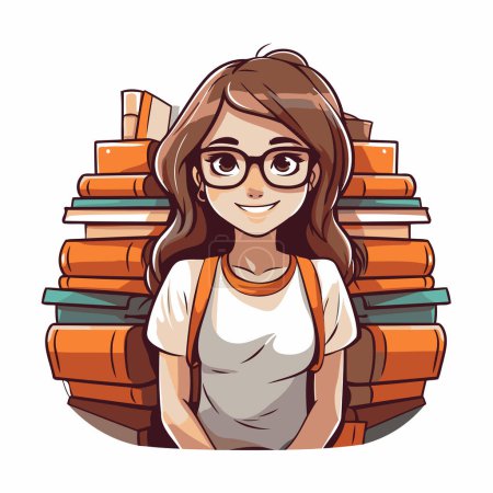 Téléchargez les illustrations : Illustration vectorielle d'une écolière à lunettes debout près d'un tas de livres - en licence libre de droit