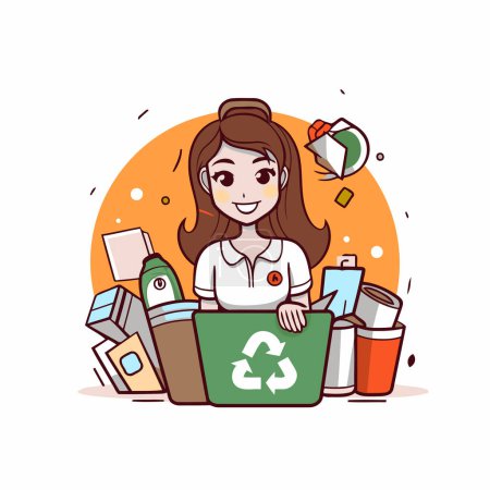 Ilustración de Mujer clasificando basura. Concepto de reciclaje. Ilustración vectorial en estilo de dibujos animados. - Imagen libre de derechos