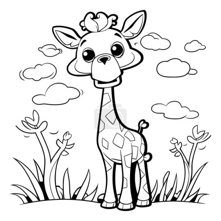 Téléchargez les illustrations : Livre à colorier pour enfants : Girafe dans l'herbe avec des fleurs - en licence libre de droit