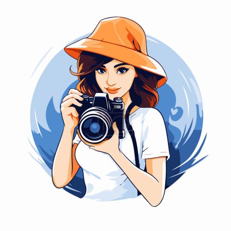 Illustration for Beautiful young woman in a hat with a camera. Vector illustration - Royalty Free Image