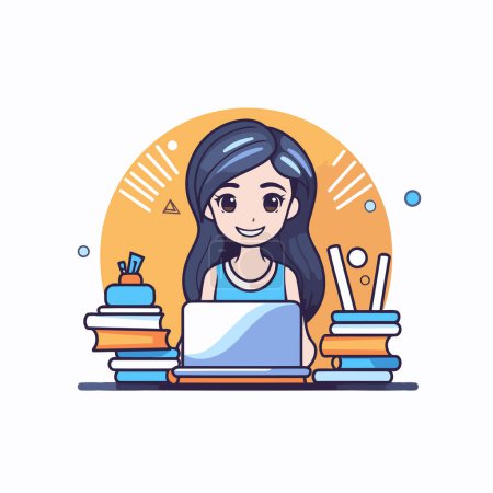 Illustration for Cute girl with laptop and books. Vector illustration in cartoon style. - Royalty Free Image