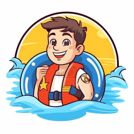 Illustration for Boy in a lifebuoy on the sea. Vector illustration. - Royalty Free Image