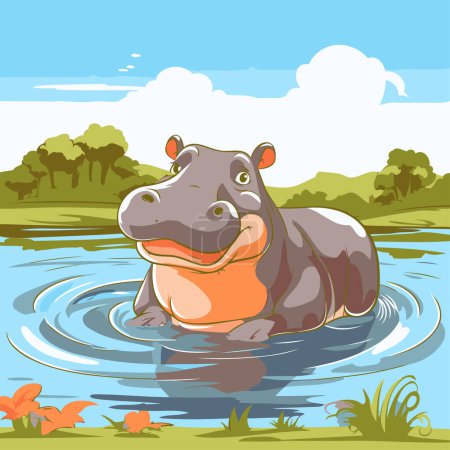 Illustration for Hippopotamus in the pond. Vector illustration in cartoon style - Royalty Free Image