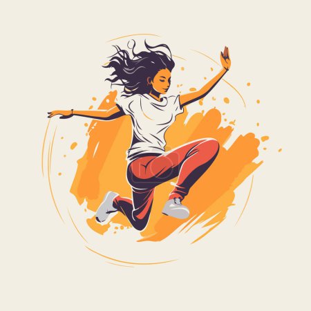 Téléchargez les illustrations : Illustration stylisée d'une fille sautant sur un fond grunge - en licence libre de droit