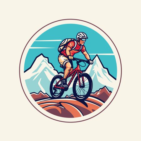 Illustration for Mountain biker riding mountain bike on high mountain range round icon vector illustration - Royalty Free Image